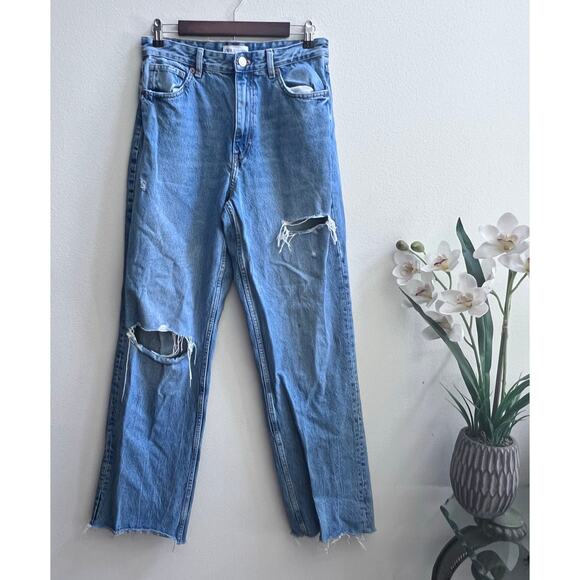 Zara Denim - Zara Jeans Women's Sz 8 Medium Wash Straight Leg Baggy Raw Hem High Rise Denim